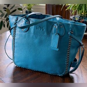 Coach Teal Tatum Whiplash Tote Chain Detail Pebbled Leather Gunmetal Hardware